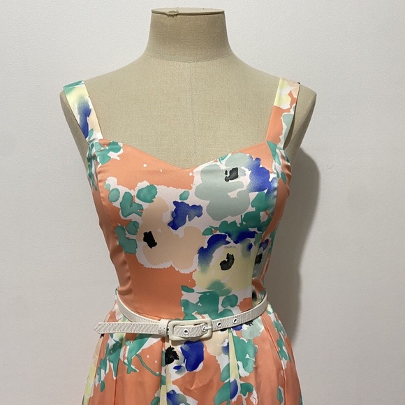 Review 8 Dress Peach Fit and Flare Floral Belt Above Knee Wedding Cocktail Party - Picture 2 of 8